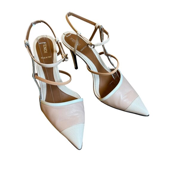 Fendi Slingback Heels Size 39.5 /9.5 Pink Creme Silver w Patent Leather Strappy